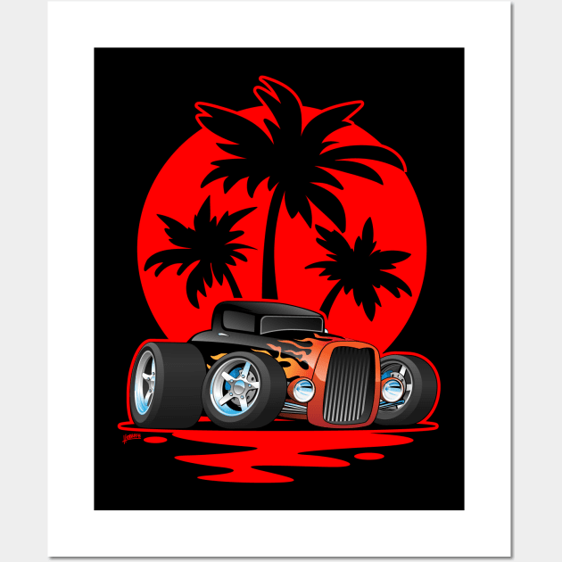 Classic 30s Style Hot Rod Car at Sunset with Palm Trees Wall Art by hobrath